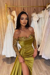 Newinlook Green Sweetheart Applique Long Sleeves With Split Evening Dress