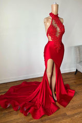 Newinlook High Neck Sexy Red Appliques Mermaid Slit Evening Dress With Backless