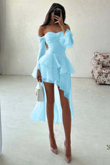 Strapless Long Sleeves Off the Shoulder Short Formal Dress With Ruffles