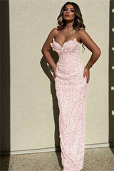 Chic Sequins Strapless Sleeveless High Waist Long Formal Dress With Beadings