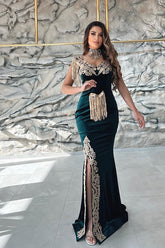Newinlook Dark Green Mermaid Sleeveless V-Neck Applique Split Evening Dress With Detachable Skirt