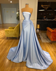 Newinlook Strapless Elegant Baby Blue Mermaid Evening Dress Long With Ruffle