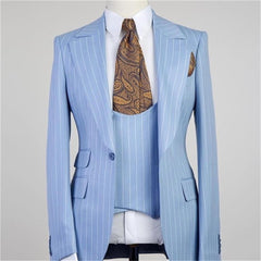Newinlook Gorgeous Blue Striped Three-Piece Groomsmen Tuxedo with Peaked Lapel
