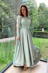 Newinlook Long Sleeves Dusty Sage Evening Dress Split With Lace