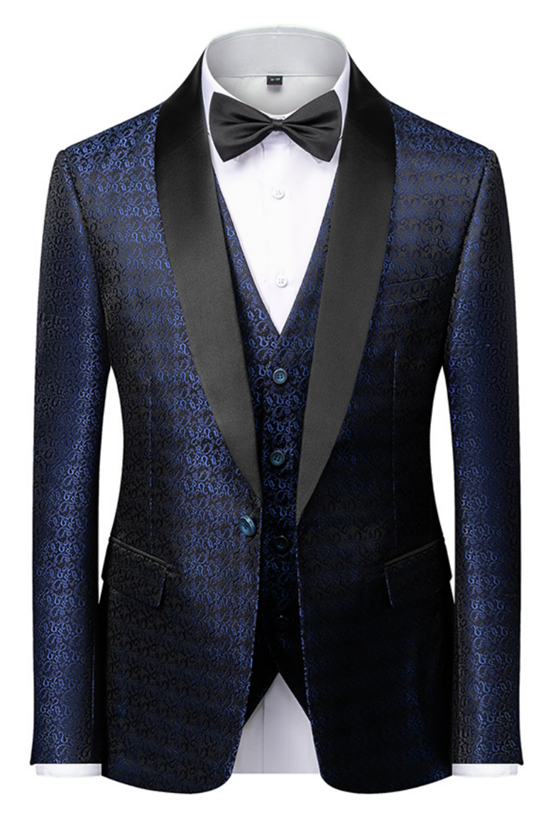 Newinlook Gentle Dark Navy Blue Floral Jacquard One-Button Wedding Suit