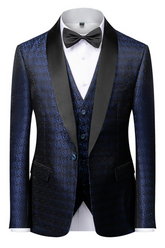 Newinlook Gentle Dark Navy Blue Floral Jacquard One-Button Wedding Suit