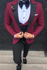 Newinlook Popular Burgundy Three-Piece Groomsmen Suit with Peaked Lapel