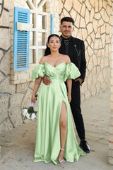 Newinlook Off-The-Shoulder Dusty Blue Puff Sleeves Evening Dress With Front Split Sweetheart