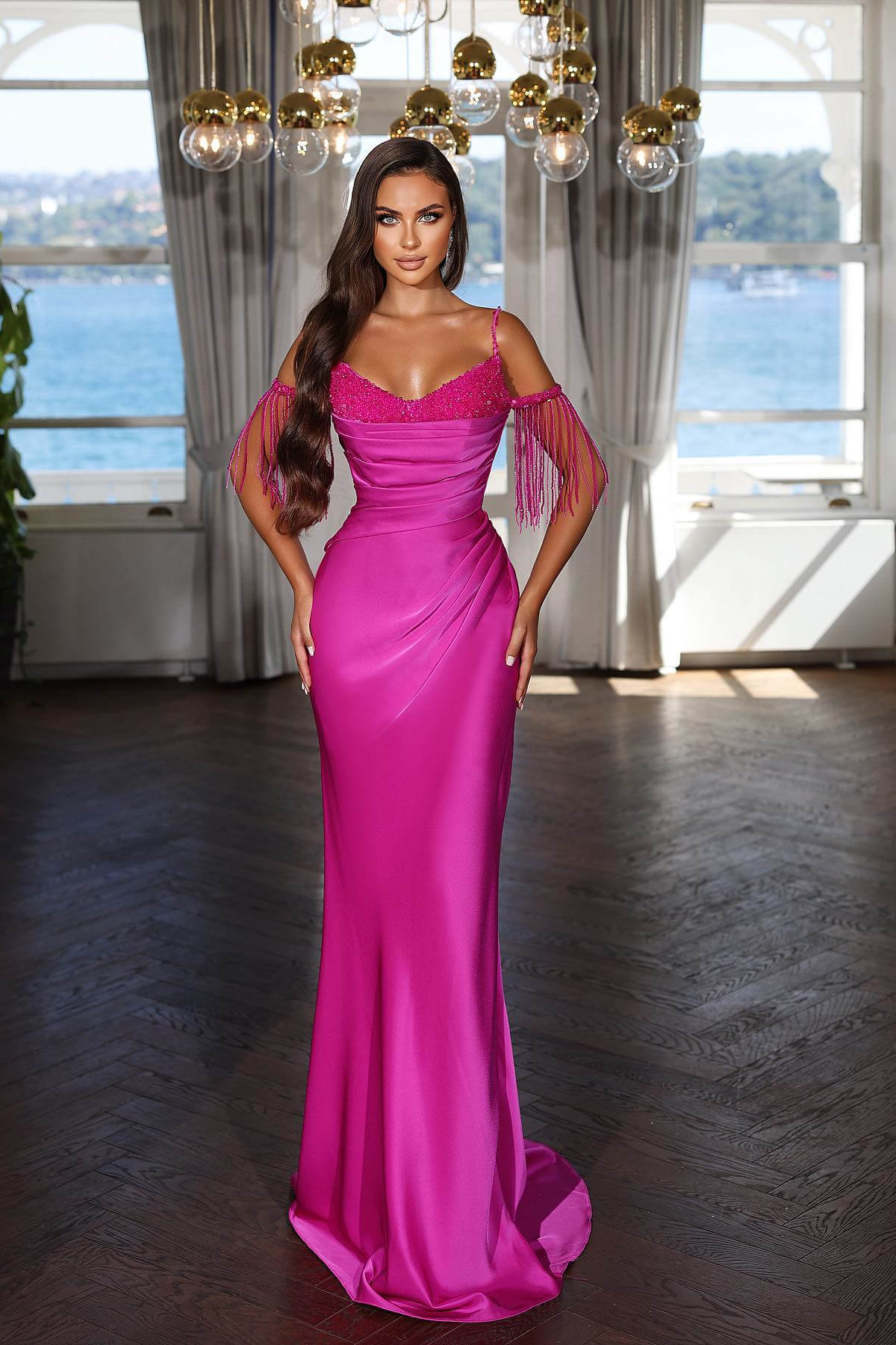 Newinlook Luxury Hot Pink Spaghetti Strap Mermaid Long Evening Dress With Chic Tassels and Sequins