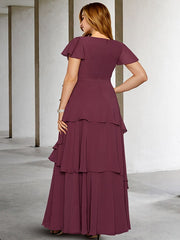 Plus Size V-Neck A-Line Princess Floor-Length Mother of the Bride Dress with Ruffles and Short Sleeves