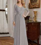 V-Neck A-Line Princess Floor-Length Mother of the Bride Dress Featuring Lace Ruffle