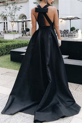 Charming Long A-Line Black V-Neck Sleeveless A-Line Halt Stain Prom Dresses with Bow