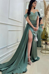 Fabuous A-Line Off-The-Shoulder Floor-Length Stain Split Front Sweetheart Prom Dresses with Lace