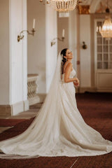 Elegant Long A-Line Floor-Length Stain Tulle Spaghetti Straps Wedding Dresses with Appliques