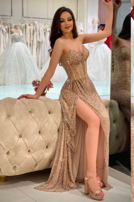 Gorgeous Long A-Line Gold Sleeveless Floor-Length Strapless Split Front Prom Dresses with Sequins