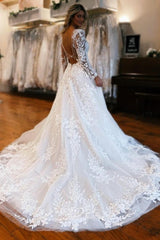 Amazing Long A-Line Long Sleeve Floor-Length Fabulous V-Neck Tulle Wedding Dresses with Appliques
