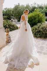 Elegant Long A-Line Square Neck Floor-Length Tulle Open Back Lace Wedding Dresses with Long Sleeves