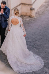 Elegant Long A-Line Square Neck Floor-Length Tulle Open Back Lace Wedding Dresses with Long Sleeves