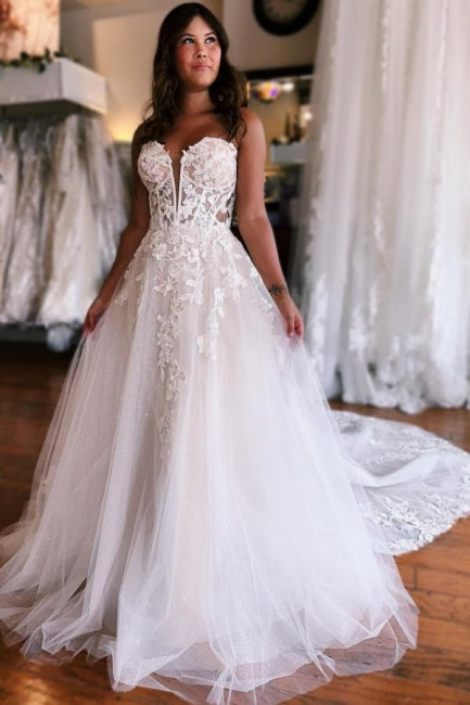 Elegant A-Line Sleeveless Floor-Length Tulle Sweetheart Wedding Dresses with Appliques