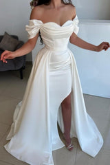 Chic Long A-Line Off-The-Shoulder Sweetheart Stain Split Front Wedding Dresses with Ruffles