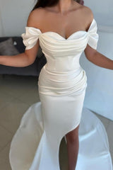 Chic Long A-Line Off-The-Shoulder Sweetheart Stain Split Front Wedding Dresses with Ruffles