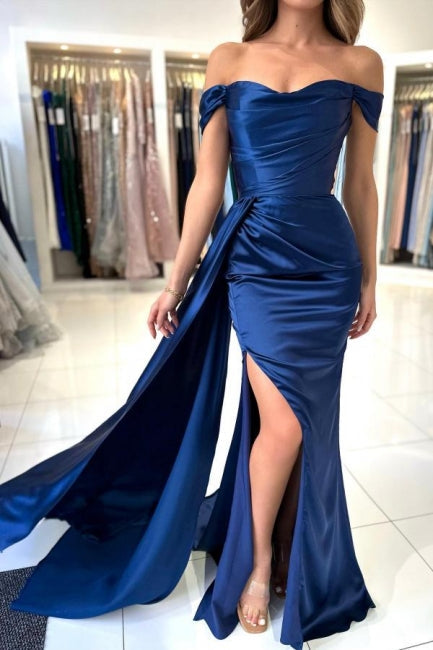 Sweetheart Long A-Line Stain Royal Blue Split Front Off-the-Shoulder Strapless Prom Dresses with Ruffles