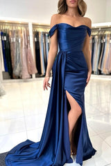 Sweetheart Long A-Line Stain Royal Blue Split Front Off-the-Shoulder Strapless Prom Dresses with Ruffles