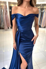 Sweetheart Long A-Line Stain Royal Blue Split Front Off-the-Shoulder Strapless Prom Dresses with Ruffles