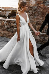 Beautiful Long A-Line V-Neck Split Front Sleeveless Stain Wedding Dresses with Ruffles