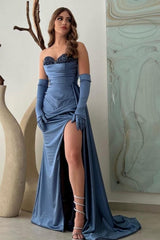 Beautiful Long A-Line Floor-Length Split Front Strapless Stain Prom Dresses with Beads