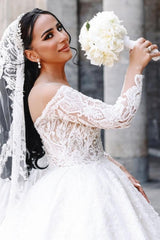 Designer Long Ball Gown Sweetheart Long Sleeve Floor-Length Stain Wedding Dresses with Lace