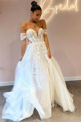 Charming Long A-Line Sweetheart Off-The-Shoulder Tulle Floor-Length Wedding Dresses with Appliques