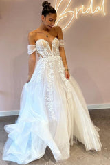 Charming Long A-Line Sweetheart Off-The-Shoulder Tulle Floor-Length Wedding Dresses with Appliques