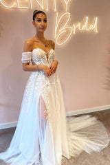 Charming Long A-Line Sweetheart Off-The-Shoulder Tulle Floor-Length Wedding Dresses with Appliques