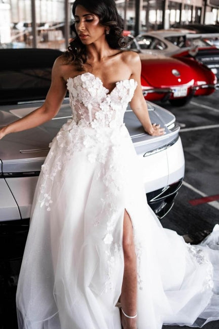 Designer Long A-Line Tulle Sleeveless Floor-Length Sweetheart Split Front Wedding Dresses with Lace