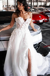 Designer Long A-Line Tulle Sleeveless Floor-Length Sweetheart Split Front Wedding Dresses with Lace