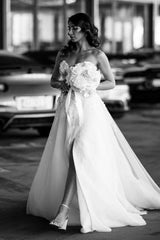 Designer Long A-Line Tulle Sleeveless Floor-Length Sweetheart Split Front Wedding Dresses with Lace