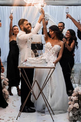 Designer Long A-Line Tulle Sleeveless Floor-Length Sweetheart Split Front Wedding Dresses with Lace