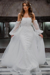 Gorgeous Long A-Line Tulle Strapless Mermaid Floor-Length Wedding Dresses with Lace