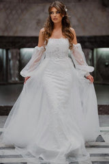 Gorgeous Long A-Line Tulle Strapless Mermaid Floor-Length Wedding Dresses with Lace