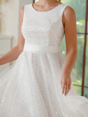 Fabulous A-Line Tulle Polyester Scoop Sleeveless Off White Prom Dress With Sequined