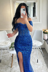 Stunning Column Off-the-shoulder Sleeveless Sequined Tulle High Slit Evening Dress