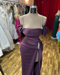 Amazing Column Spaghetti Straps Sleeveless Rhinestone Satin High Slit Prom Dress