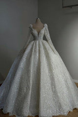 Amazing Long Princess A-line V-neck Lace Beaded Wedding Dress with Long Sleeves