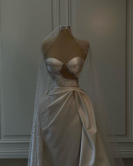 Breathtaking Long White Beaded Sleeveless Satin Wedding Dress Featuring Slit