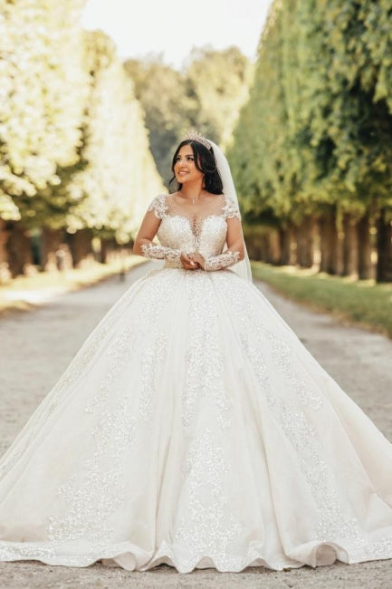 Amazing Long Ball Gown Floor-Length Stain Appliques Sweetheart Beading Tulle Wedding Dresses with Long Sleeves