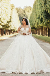 Amazing Long Ball Gown Floor-Length Stain Appliques Sweetheart Beading Tulle Wedding Dresses with Long Sleeves