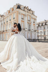 Amazing Long Ball Gown Floor-Length Stain Appliques Sweetheart Beading Tulle Wedding Dresses with Long Sleeves