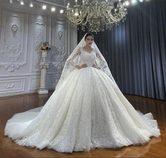 Charming Long Ball Gown Sweetheart Tulle Lace Appliques Floor-Length Wedding Dresses with Long Sleeves