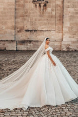 Elegant Long A-line Off-the-shoulder Sleeveless Wedding Dress with Lace Details